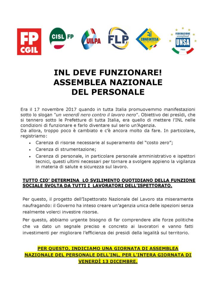 INL DEVE FUNZIONARE! ASSEMBLEA NAZIONALE DEL PERSONALE