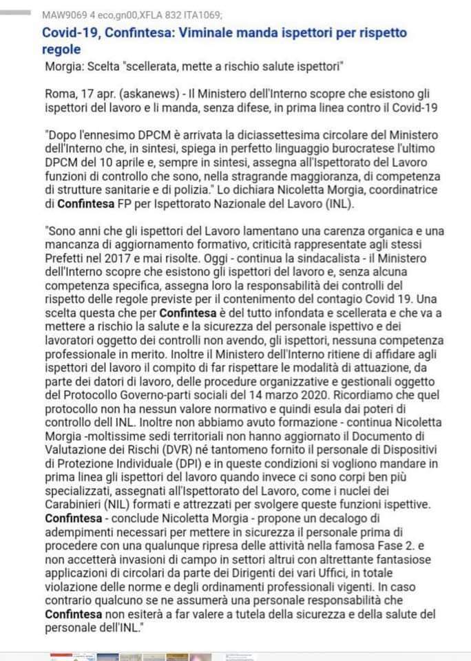 Confintesa all’attacco del Viminale: “Mandano gli ispettori del lavoro indifesi in prima linea contro il covid”